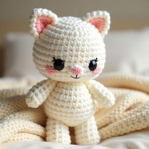 Peluche chat crème au crochet | Jouet amigurumi fait main | Cadeau pour baby shower, tout-petits et chambre d'enfant