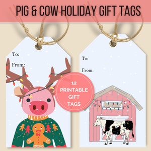 Christmas gift tag, funny gift tag, animal gift label, pig gift tag, cow gift tag, farm animal gift tag,
