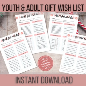 Lista de deseos de regalos de Navidad imprimible, lista de regalos de Navidad para niños, lista de regalos de Navidad para adultos, rastreador de listas de regalos, lista de Navidad