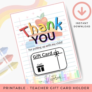 Porte-cartes cadeau de remerciement pour l'enseignant, Merci d'avoir supporté mon enfant, Remerciement de la garderie, Carte d'école à imprimer amusante