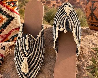 Handmade Raffia Mules, Black & Cream Boho Slippers, Amazigh Artisan Footwear