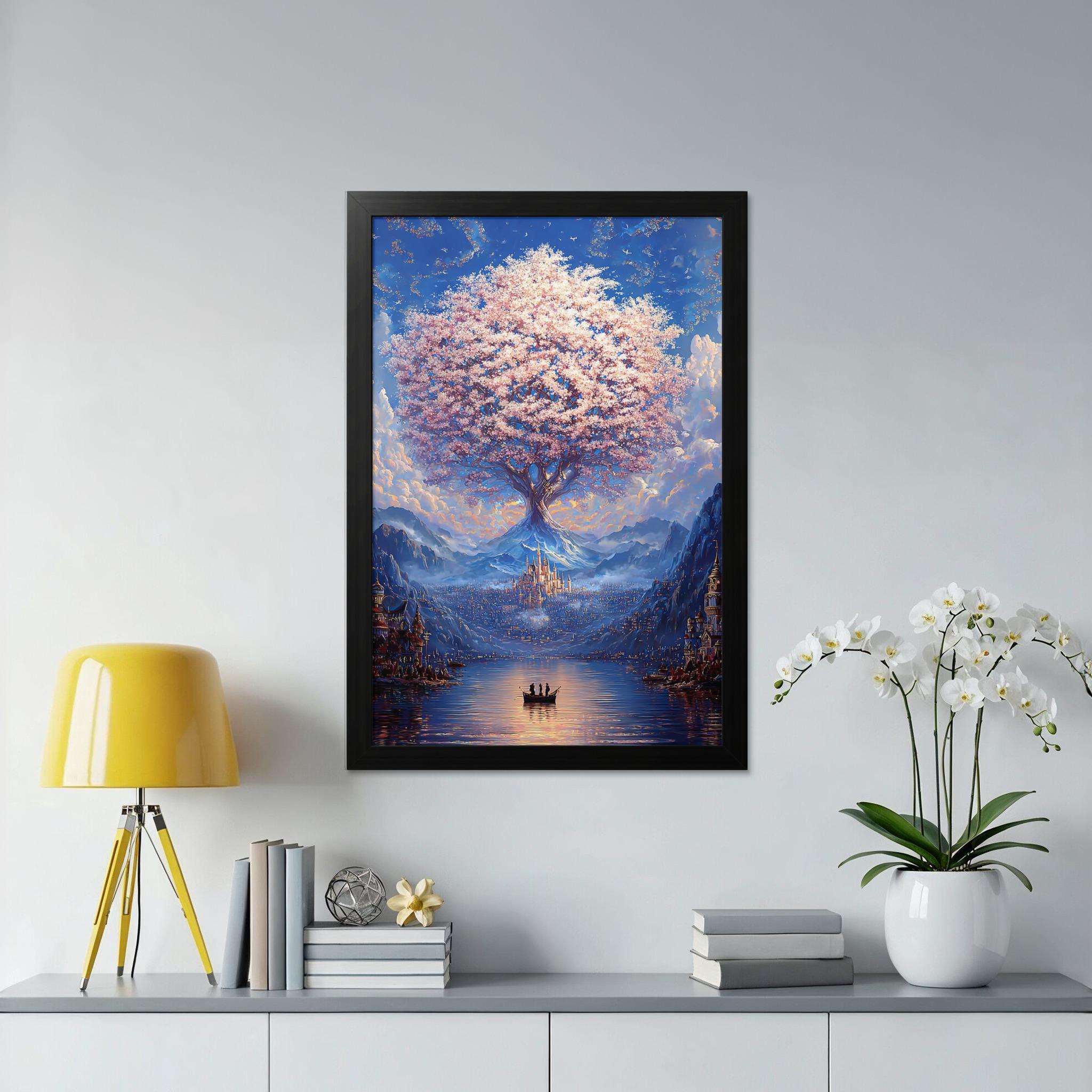 Majestic Cherry Blossom Tree Canvas Print Poster, Fantasy City Wall Art ...