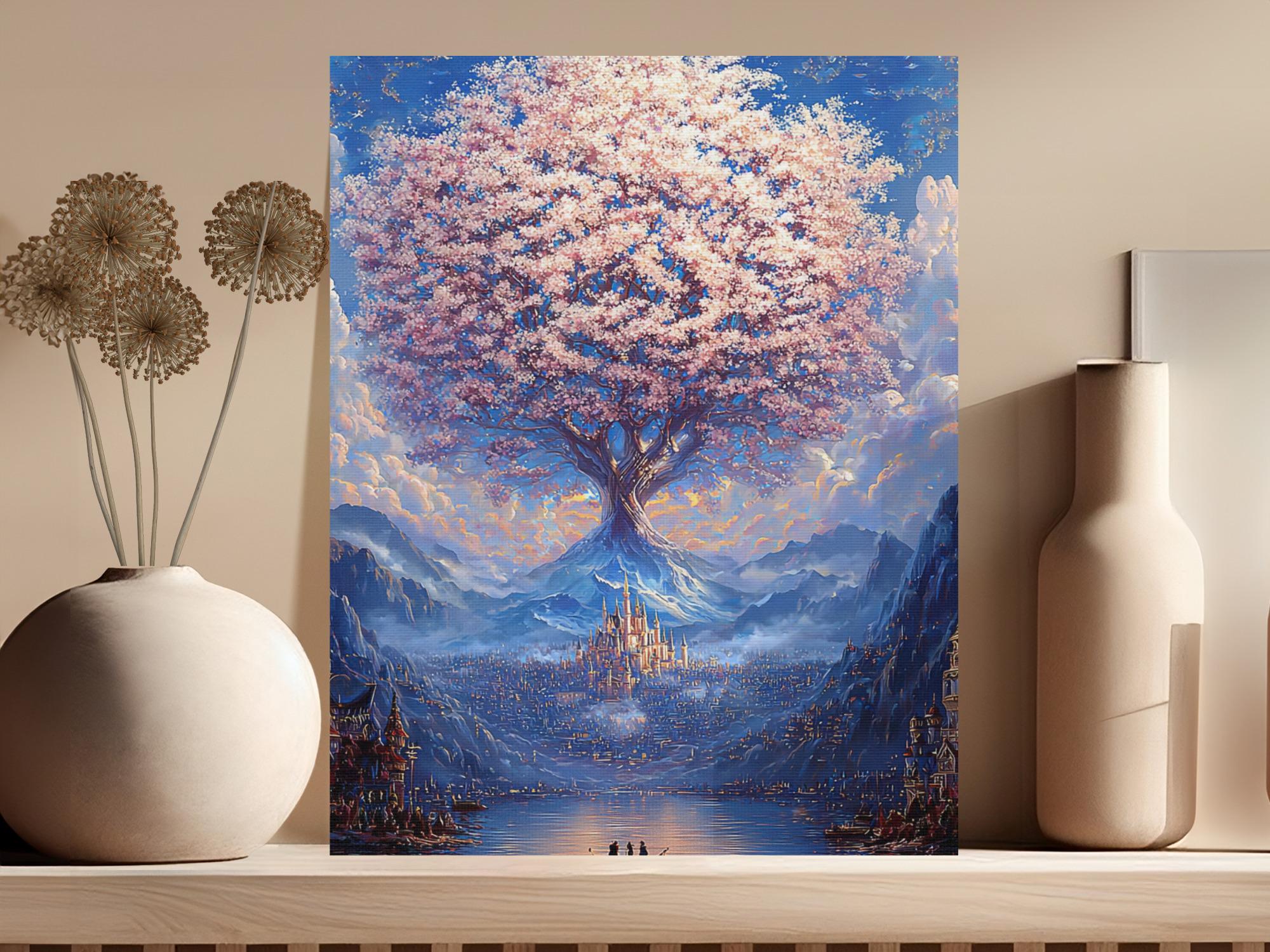 Majestic Cherry Blossom Tree Canvas Print Poster, Fantasy City Wall Art ...