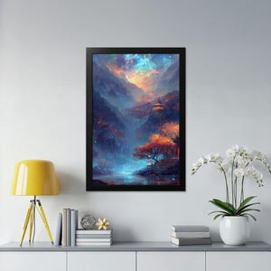 May include: Framed art print depicting a fantasy landscape with a waterfall, mountains, and a starry sky. The artwork features vibrant colors, including blues, oranges, and reds, with a focus on a serene, otherworldly scene. The print is in a black frame.