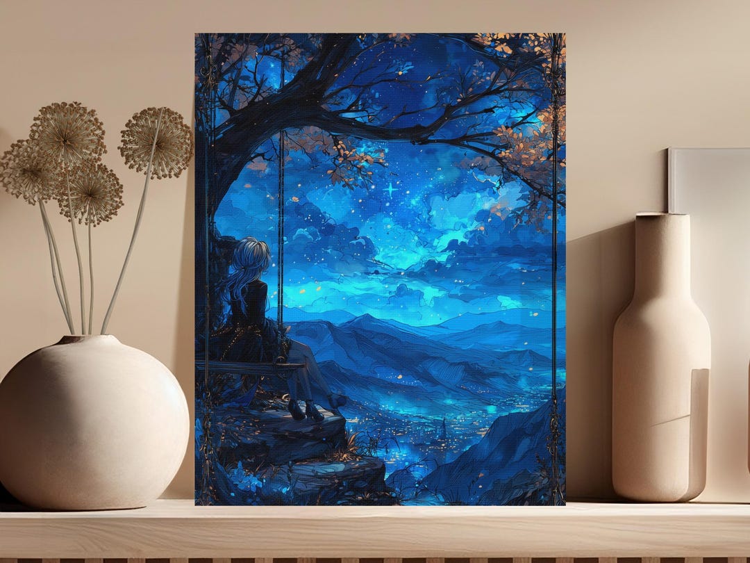 Starry Night Fantasy Art Canvas Print Poster, Woman on Swing, Glowing ...