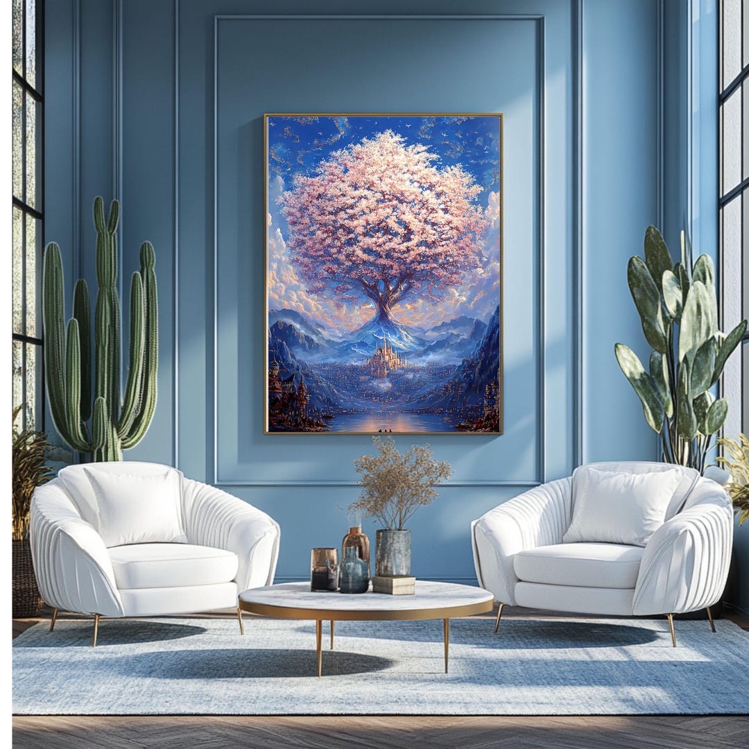 Majestic Cherry Blossom Tree Canvas Print Poster, Fantasy City Wall Art ...
