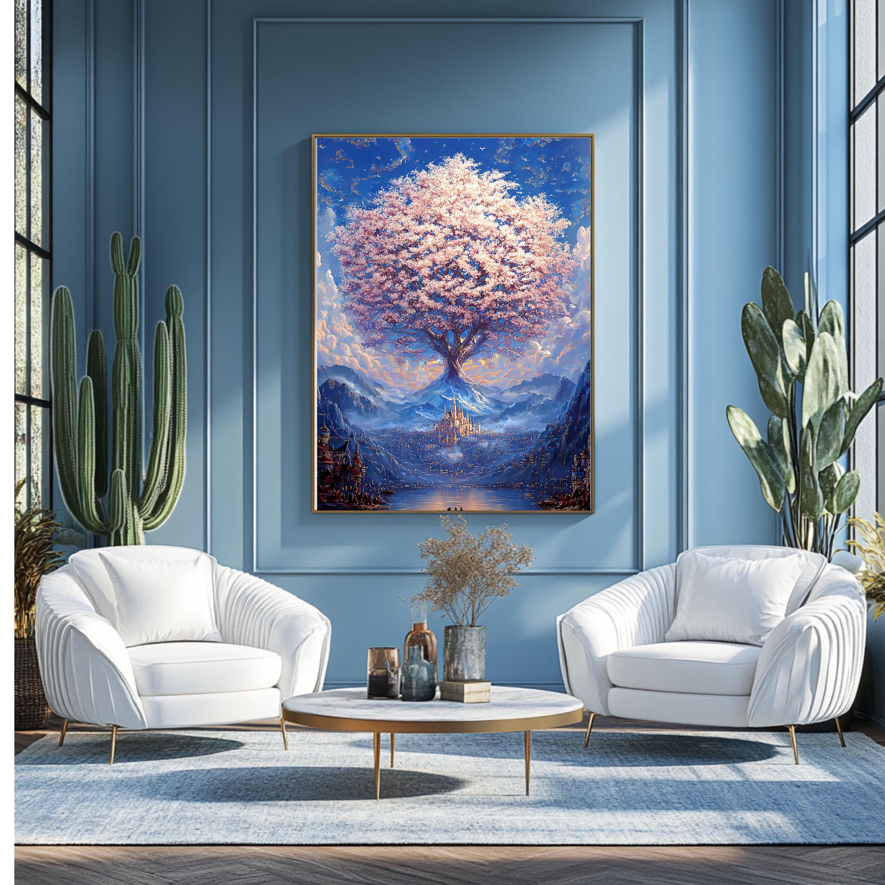 Majestic Cherry Blossom Tree Canvas Print Poster, Fantasy City Wall Art ...