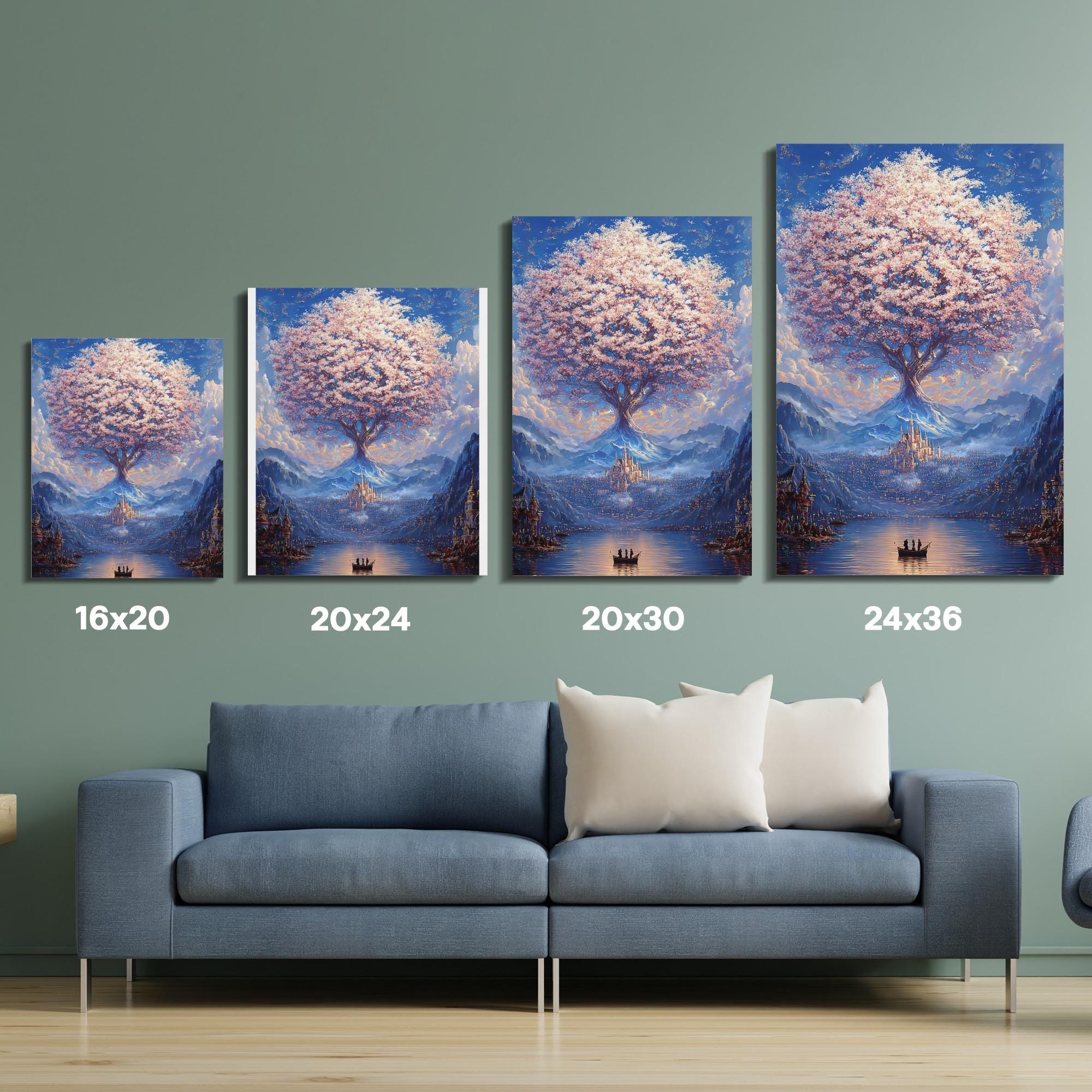 Majestic Cherry Blossom Tree Canvas Print Poster, Fantasy City Wall Art ...