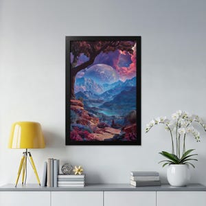 May include: A framed art print depicting a fantastical landscape with a large, luminous sphere in the sky. The artwork uses a vivid colour scheme of blues, purples, and pinks, with a solitary figure in the foreground. The print is in a black frame.