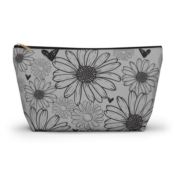 Elegante bolsa de maquillaje con flores grises: elegante estuche para lápices para retoques sobre la marcha