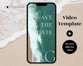 Plantilla de video para guardar la fecha con sonido del océano para bodas en la playa, idea para bodas con temática playera, bodas de destino, invitación electrónica, invitación digital.