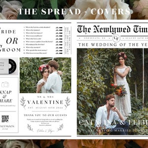 Pu&ograve; includere: Un invito di nozze con un designo in stile giornale. La copertina anteriore presenta una foto della sposa e dello sposo in un ambiente da giardino. La copertina posteriore include un gioco della sposa o dello sposo, un hashtag di nozze, un codice QR per il fondo di luna di miele e un messaggio di ringraziamento agli ospiti.