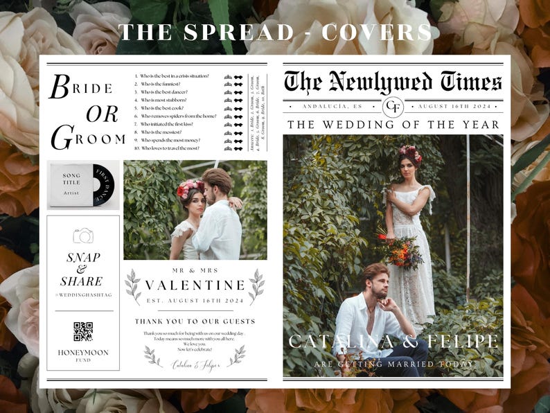 Pu&ograve; includere: Un invito di nozze con un designo in stile giornale. La copertina anteriore presenta una foto della sposa e dello sposo in un ambiente da giardino. La copertina posteriore include un gioco della sposa o dello sposo, un hashtag di nozze, un codice QR per il fondo di luna di miele e un messaggio di ringraziamento agli ospiti.