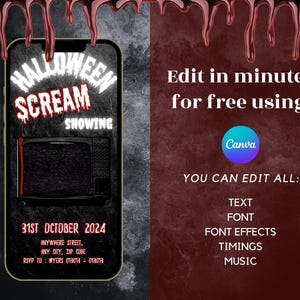 May include: A Halloween-themed digital invitation on a smartphone screen. The design features the words "Halloween Scream Showing" in a spooky font, a vintage TV graphic, and event details. The background is dark with dripping blood.