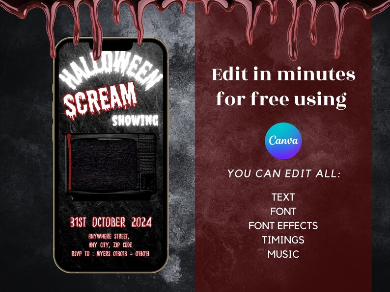 May include: A Halloween-themed digital invitation on a smartphone screen. The design features the words "Halloween Scream Showing" in a spooky font, a vintage TV graphic, and event details. The background is dark with dripping blood.