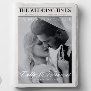 写真とゲーム付きの結婚式新聞テンプレート、楽しい結婚式新聞、大きな折りたたみ式結婚式プログラム、DIY Canva結婚式テンプレート