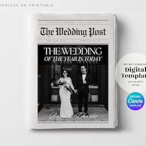 Large Wedding Newspaper, Modern Folding Wedding Program (Canva Template Digital Download)
