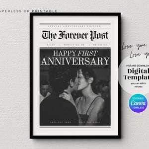 May include: A black and white newspaper-style poster titled The Forever Post with the text Happy First Anniversary and Love You Then Love You Still. The design features a central photograph of a couple kissing, framed in a black border.