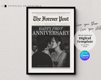 Personalised Wedding Anniversary Print, First Anniversary Newspaper Gift Idea for Husband or Wife (Canva Template)