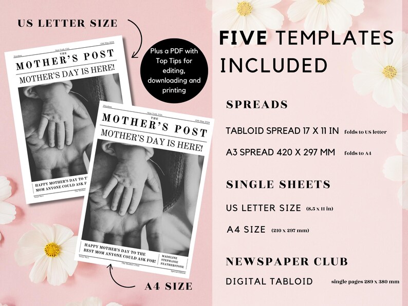 May include: Five printable templates for a Mother's Day newspaper. The templates include a tabloid spread that folds to US letter size, an A3 spread that folds to A4 size, and single sheets in US letter and A4 sizes. The templates feature a black and white photo of a baby's hand on an adult's hand.
