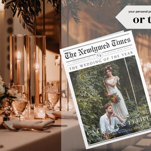 Pu&ograve; includere: Un programma di nozze progettato per assomigliare a un giornale con il titolo "The Newlywed Times" e il testo "The Wedding of the Year". Il programma presenta una foto della sposa e dello sposo con il testo "Catrina & Felipe Getting Married Today".