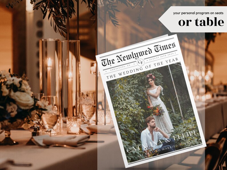 Pu&ograve; includere: Un programma di nozze progettato per assomigliare a un giornale con il titolo "The Newlywed Times" e il testo "The Wedding of the Year". Il programma presenta una foto della sposa e dello sposo con il testo "Catrina & Felipe Getting Married Today".
