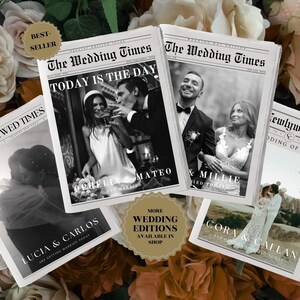 Pu&ograve; includere: Quattro progetti di annunci di matrimonio con foto in bianco e nero di coppie. I progetti sono in stile giornale con il titolo "The Wedding Times".