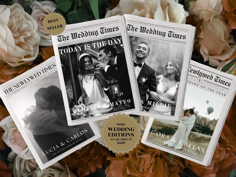 Pu&ograve; includere: Quattro progetti di annunci di matrimonio con foto in bianco e nero di coppie. I progetti sono in stile giornale con il titolo "The Wedding Times".