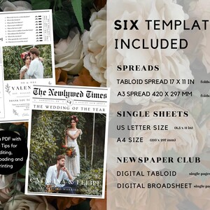 Pu&ograve; includere: Sei modelli di giornale di nozze per uso digitale o stampato. I modelli includono una doppia pagina tabloid, una doppia pagina A3, formato lettera US, formato A4, tabloid digitale e foglio largo digitale. I modelli presentano un design in bianco e nero in stile giornale vintage.