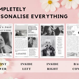 May include: A printable Mother's Day newspaper template with a black and white design. The front cover features a photo of a child's hand on an adult's arm. The inside pages include a photo of a family, a word search puzzle, and a section for personalized messages. The back cover has a coupon for a Mother's Day gift.
