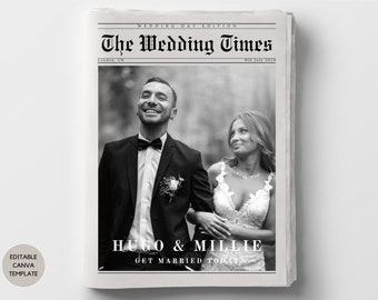 Modello divertente per giornale di nozze con ricerca di parole, programma di nozze in stile giornale moderno, The Wedding Times, giornale di nozze personalizzato su Canva