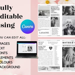 May include: A printable Mother's Day newspaper template with a black and white color scheme. The template features a word search puzzle, a photo of a mother and child, and the text "Mother's Day is Here!"