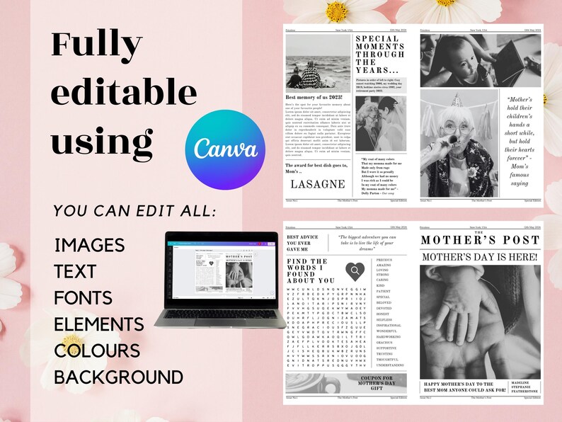 May include: A printable Mother's Day newspaper template with a black and white color scheme. The template features a word search puzzle, a photo of a mother and child, and the text "Mother's Day is Here!"
