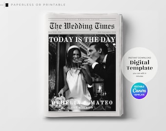 Large Wedding Newspaper Template, Modern-Classic Wedding Folded Program, Printable Canva Wedding Day Timeline, DIY Custom Wedding Newspaper