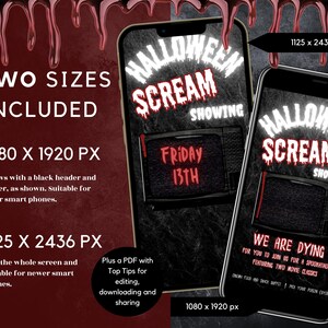 May include: Two smartphones display a Halloween-themed graphic. The text reads "Halloween Scream Showing" with a retro TV graphic and "Friday the 13th." Additional text includes "We are dying" and event details. Two sizes are included.