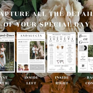 Pu&ograve; includere: Un modello di annuncio di matrimonio con un design di giornale. La copertina anteriore presenta una foto di una coppia e il testo "The Newlywed Times" e "The Wedding of the Year". Le pagine interne includono una sequenza temporale, un menu e premi per gli ospiti. La copertina posteriore presenta un gioco della sposa o dello sposo e un messaggio di ringraziamento.
