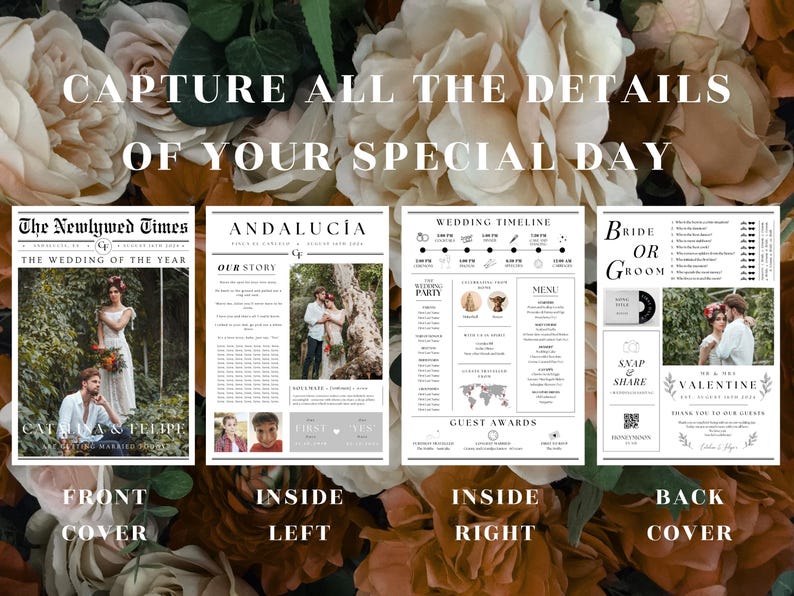 Pu&ograve; includere: Un modello di annuncio di matrimonio con un design di giornale. La copertina anteriore presenta una foto di una coppia e il testo "The Newlywed Times" e "The Wedding of the Year". Le pagine interne includono una sequenza temporale, un menu e premi per gli ospiti. La copertina posteriore presenta un gioco della sposa o dello sposo e un messaggio di ringraziamento.