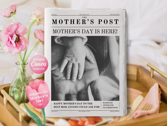 Mothers Day Newspaper Template, Creative Mother's Day Gift Idea, Unique Mother's Day Present, Long-Distance Last Minute Mother's Day