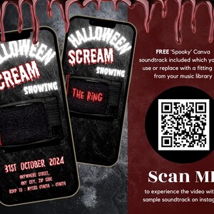 May include: A Halloween-themed digital invitation on a smartphone screen. The design features the words "Halloween Scream Showing" in white and red, with a vintage television graphic. Includes a QR code and the text "Scan ME".