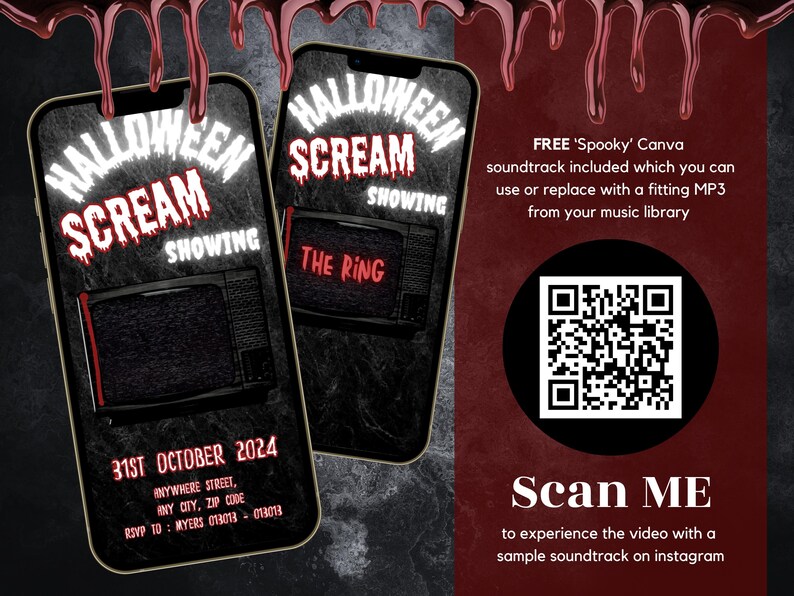 May include: A Halloween-themed digital invitation on a smartphone screen. The design features the words "Halloween Scream Showing" in white and red, with a vintage television graphic. Includes a QR code and the text "Scan ME".