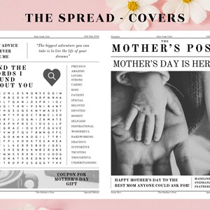 May include: A black and white newspaper-style design with the title "The Mother's Post" and the text "Mother's Day is Here!" A black and white photo of a child's hand on an adult's hand is in the center of the design. The newspaper-style design also includes a word search puzzle with the title "Find the Words I Found About You".
