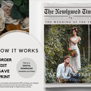 Pu&ograve; includere: Un modello di download digitale per un annuncio di matrimonio in stile giornale. Il modello presenta una coppia in un giardino con il testo "The Newlywed Times" e "The Wedding of the Year".