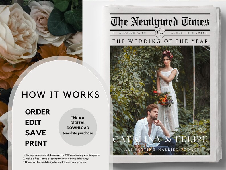Pu&ograve; includere: Un modello di download digitale per un annuncio di matrimonio in stile giornale. Il modello presenta una coppia in un giardino con il testo "The Newlywed Times" e "The Wedding of the Year".