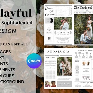 Pu&ograve; includere: Un modello di invito di nozze con un design di giornale. Il modello presenta uno schema di colori bianco e nero con un motivo floreale. Il testo sul modello include "The Newlywed Times", "The Wedding of the Year", "Bride or Groom", "Snap & Share", "Our Story", "Wedding Timeline", "Guest Awards", "Andalucia" e "Valentine".
