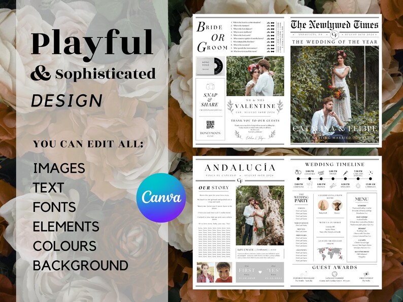 Pu&ograve; includere: Un modello di invito di nozze con un design di giornale. Il modello presenta uno schema di colori bianco e nero con un motivo floreale. Il testo sul modello include "The Newlywed Times", "The Wedding of the Year", "Bride or Groom", "Snap & Share", "Our Story", "Wedding Timeline", "Guest Awards", "Andalucia" e "Valentine".