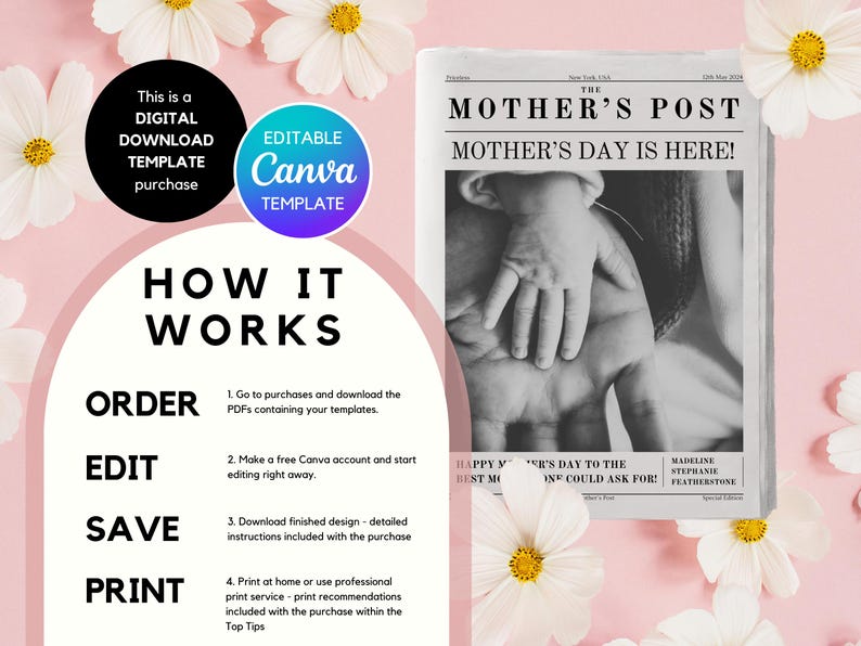 Mothers Day Newspaper Template, Creative Mother's Day Gift Idea, Unique Mother's Day Present, Long-Distance Last Minute Mother's Day image 10