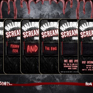 May include: A Halloween-themed digital invitation design featuring multiple smartphone screens. Each screen displays the words "HALLOWEEN SCREAM SHOW" with phrases like "Friday 13th" and "The Ring." The design includes dripping blood and the text "How It Starts... How It Ends!"