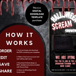 May include: Digital Halloween-themed template purchase. The design features a smartphone displaying "Halloween Scream Showing" with a static TV screen. Instructions on how to order, edit, save, and share are included. The background is dark with dripping blood.