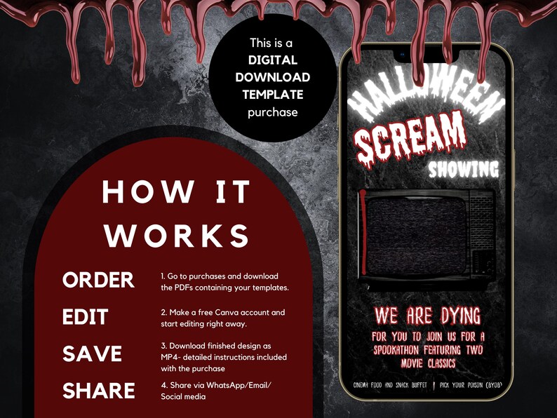 May include: Digital Halloween-themed template purchase. The design features a smartphone displaying "Halloween Scream Showing" with a static TV screen. Instructions on how to order, edit, save, and share are included. The background is dark with dripping blood.