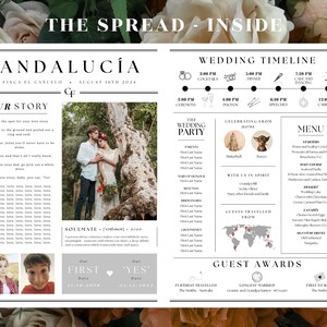 Pu&ograve; includere: Un annuncio di matrimonio con un designo in bianco e nero. L'annuncio include un programma del matrimonio, un menu e un elenco degli invitati al matrimonio. L'annuncio include anche una foto della coppia e una citazione sulla loro storia d'amore.